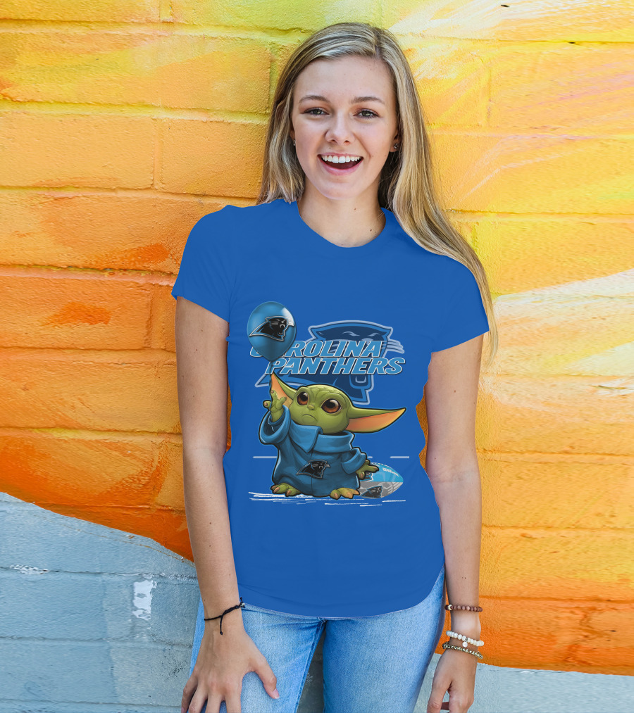 Yoda Carolina Panthers Football Fan With Logo And Baby Jedi T-Shirt