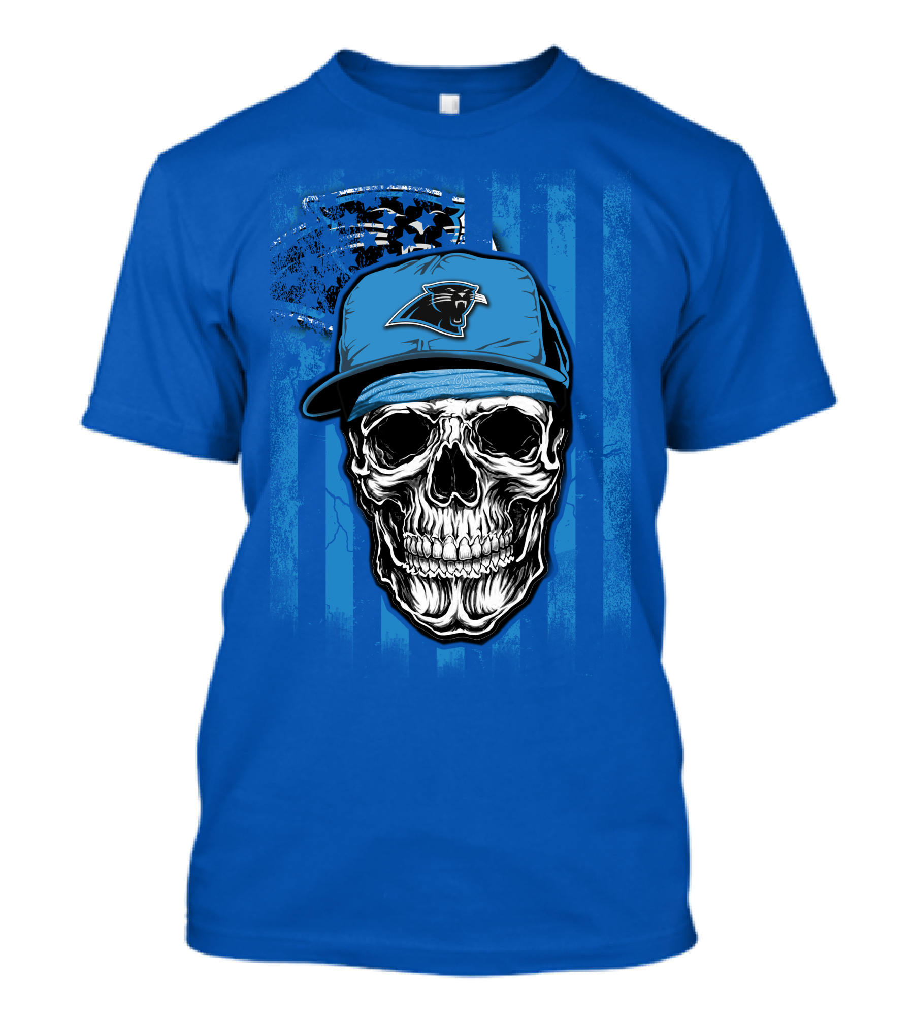 Skull With Carolina Panthers Cap And American Flag Elements T-Shirt