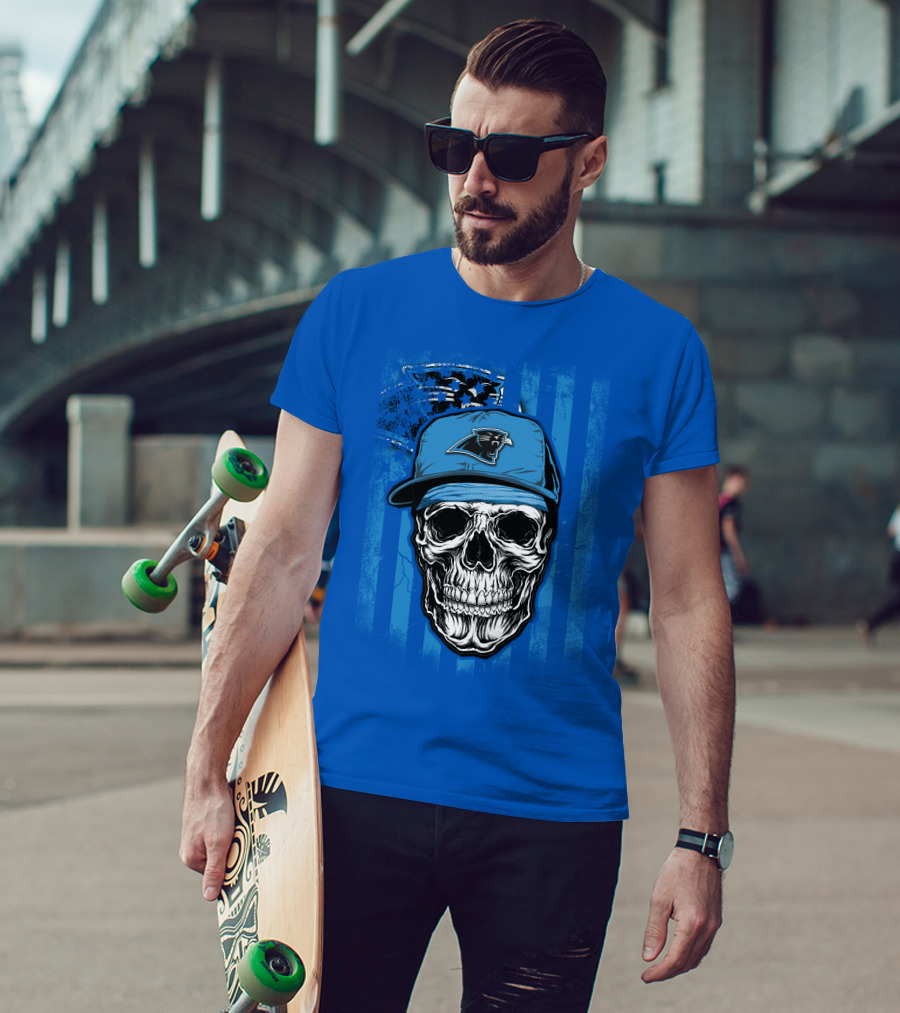 Skull With Carolina Panthers Cap And American Flag Elements T-Shirt