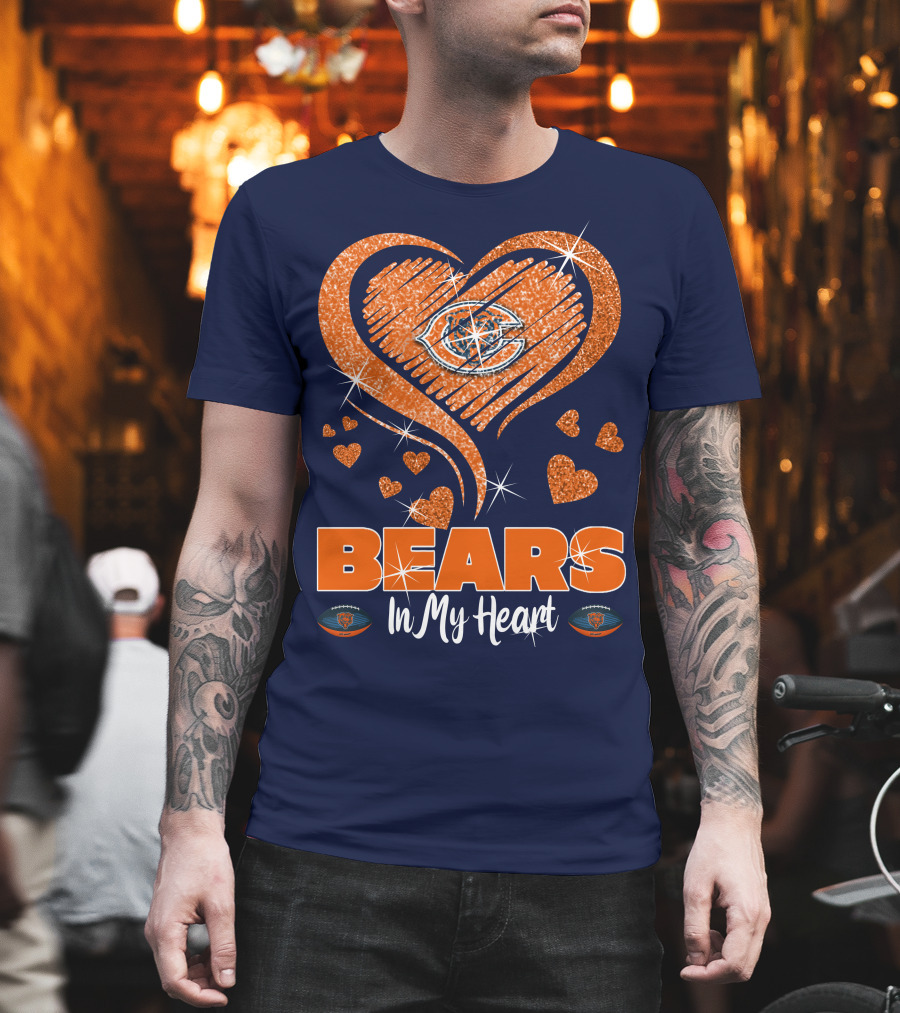 Bears In My Heart Chicago Bears Sparkling Hearts Navy Blue T-Shirt