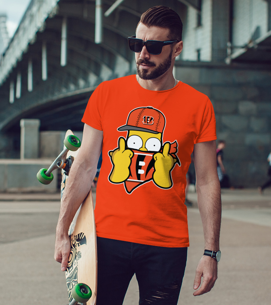 Cincinnati Bengals Fan Cartoon Character With Logo Cap And Scarf T-Shirt