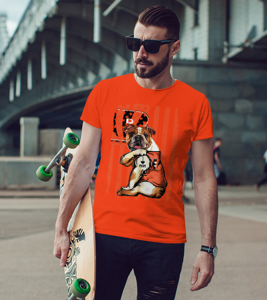 Bulldog Cincinnati Bengals I Love Mom Orange Stripes T-Shirt