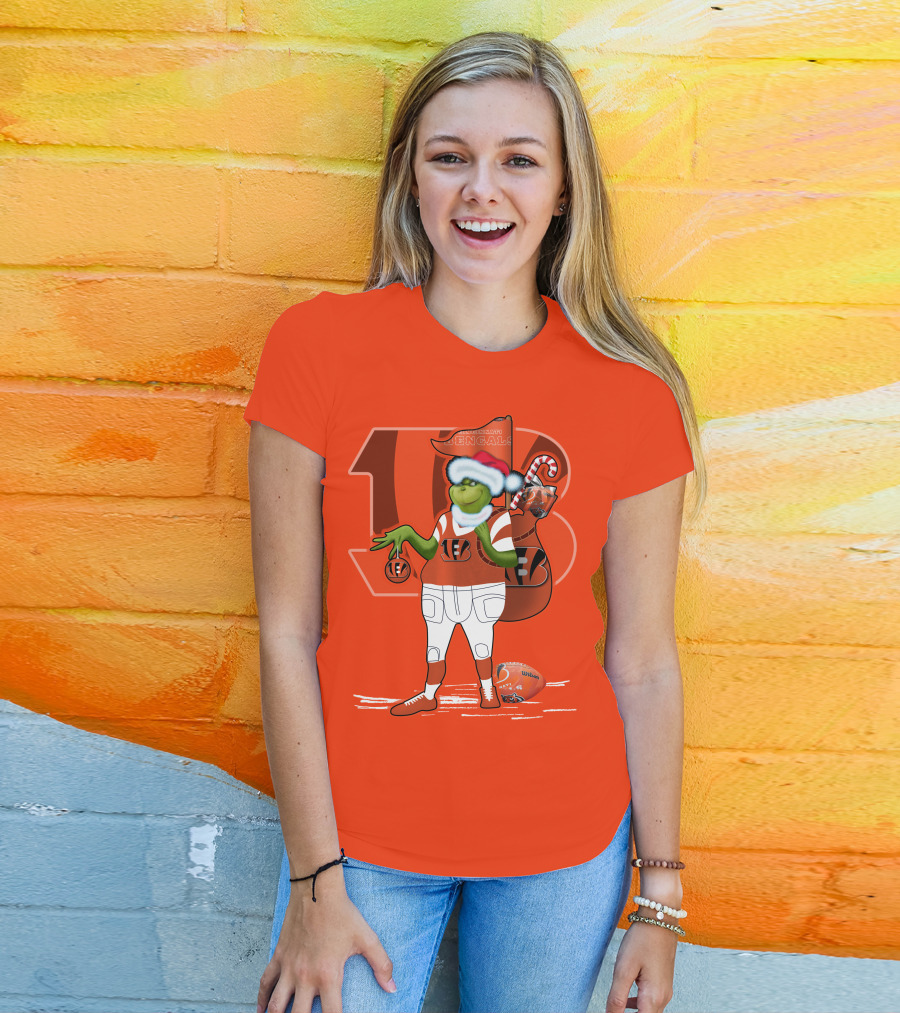 Cincinnati Bengals Grinch Christmas Football Santa Hat Orange T-Shirt