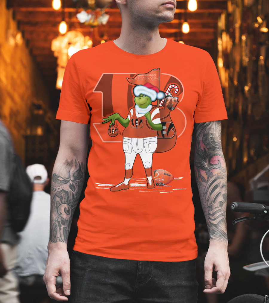 Cincinnati Bengals Grinch Christmas Football Santa Hat Orange T-Shirt