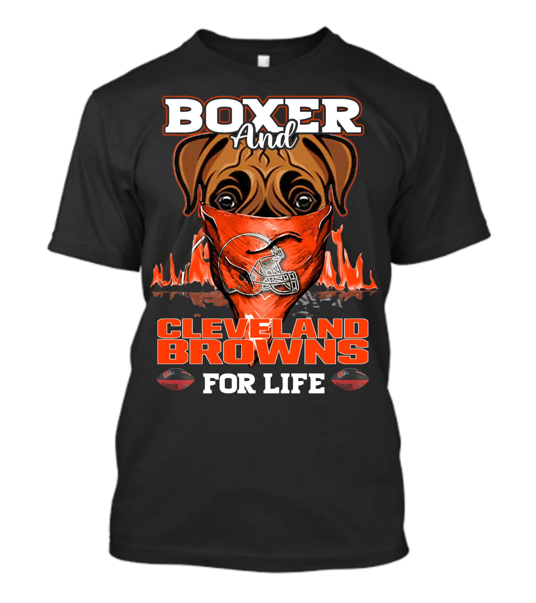 Boxer And Cleveland Browns For Life Dog Helmet Fan Flame T-Shirt