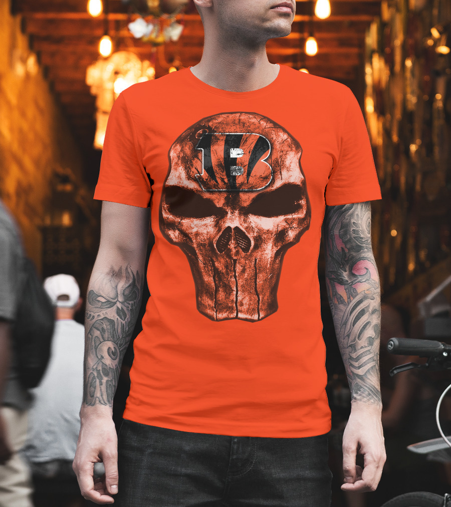 Skull Cincinnati Bengals Logo On Bold Orange T-Shirt