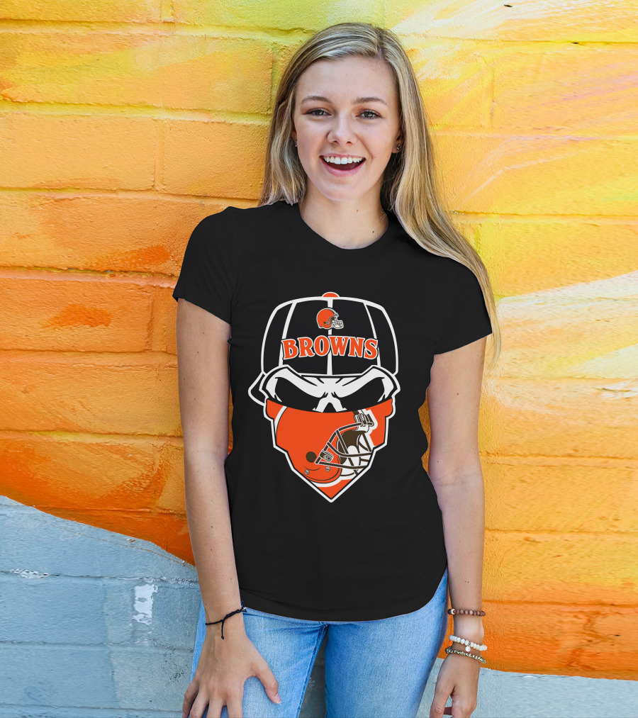 Browns Helmet Skull Mask With Football Theme T-Shirt