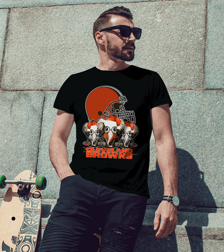 Cleveland Browns Christmas Elephants With Santa Hats T-Shirt