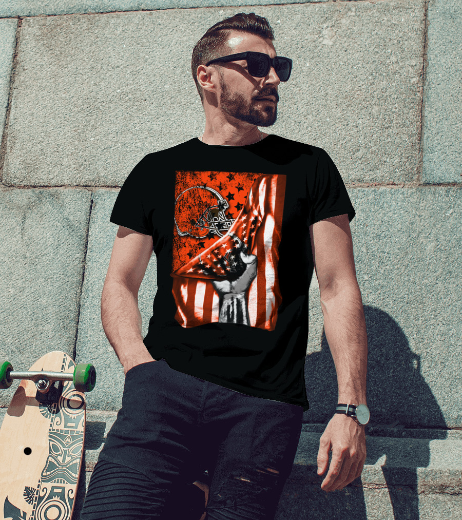 Cleveland Browns Football Helmet American Flag Fist T-Shirt
