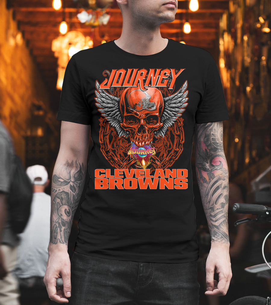 JOURNEY Winged Flaming Skull CLEVELAND BROWNS Football Helmet T-Shirt