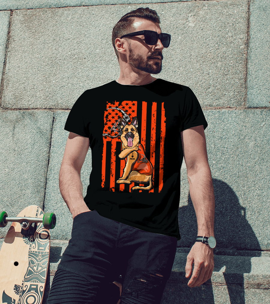 Cleveland Browns German Shepherd Dog And Football Helmet With Orange Flag Background T-Shirt