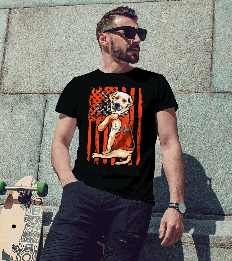 Labrador Retriever In Cleveland Browns Colors With Football Helmet And I Love Mom Tattoo T-Shirt