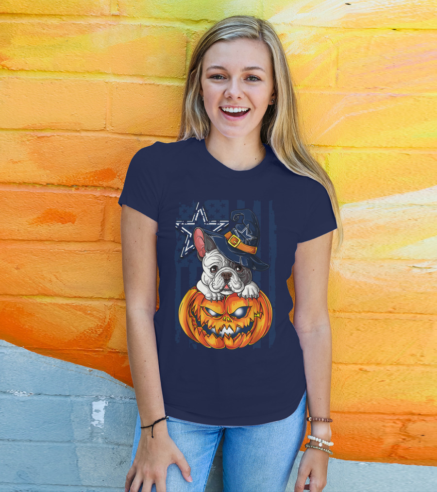 Hlw Bulldog Halloween Dallas Cowboys Pumpkin Wizard Hat T-Shirt