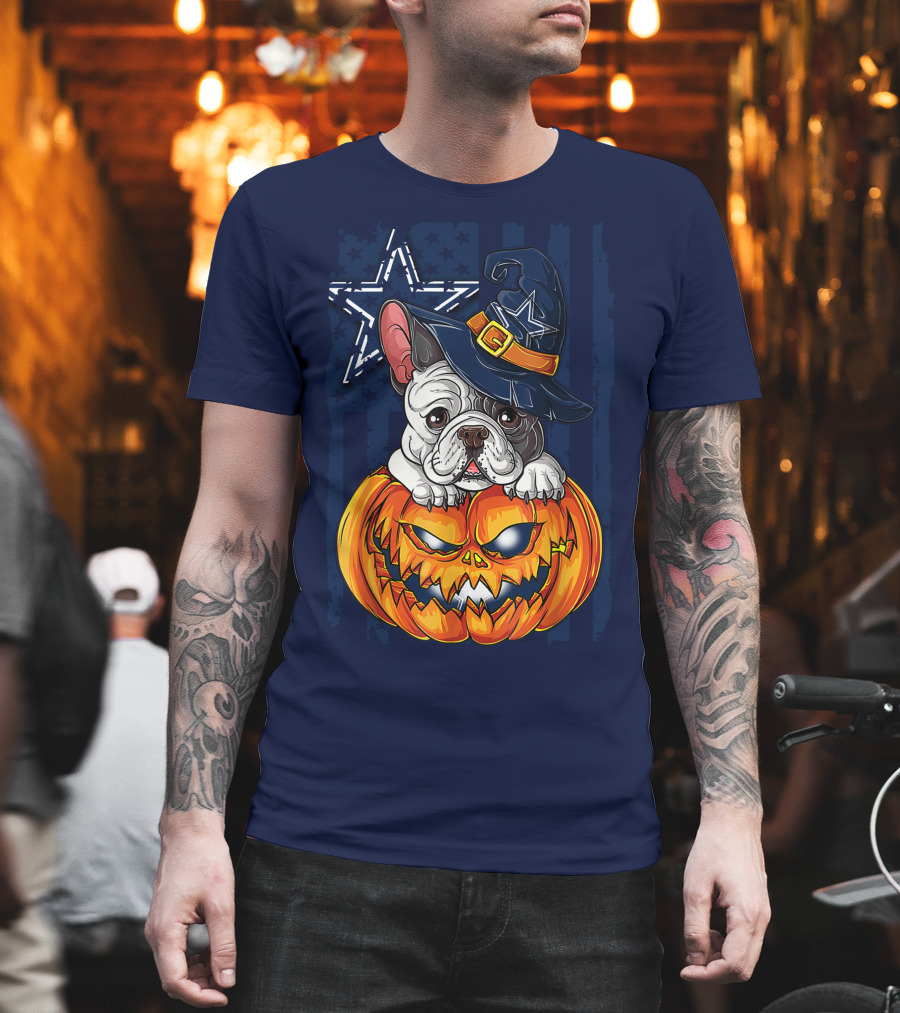 Hlw Bulldog Halloween Dallas Cowboys Pumpkin Wizard Hat T-Shirt