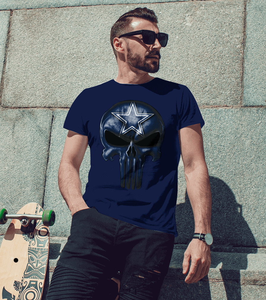 Skull Dallas Cowboys Star Logo Navy Background T-Shirt