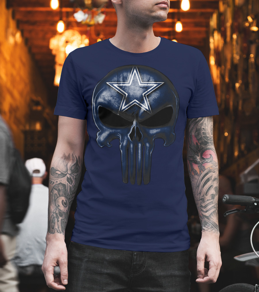 Skull Dallas Cowboys Star Logo Navy Background T-Shirt