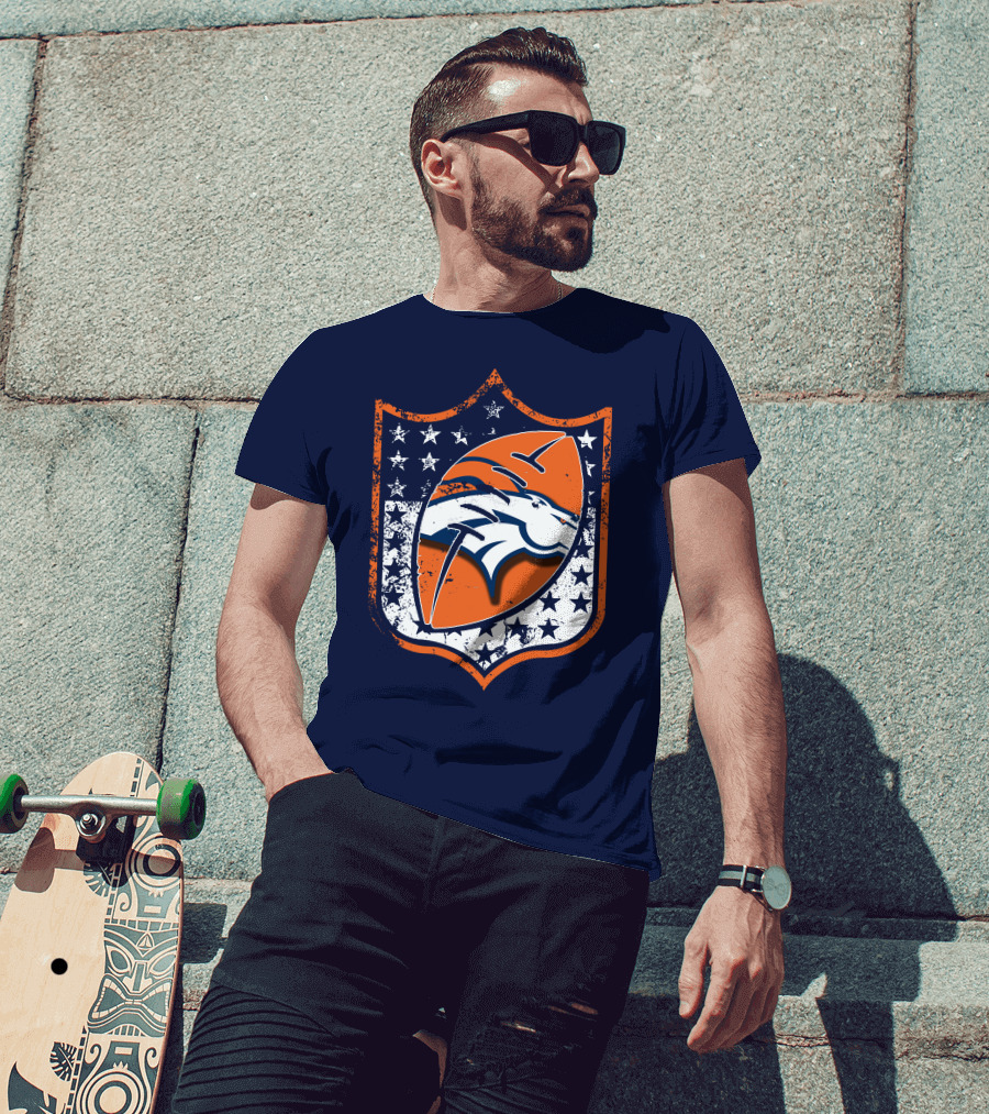 Denver Broncos Vintage Logo With Stars And Orange Shield T-Shirt