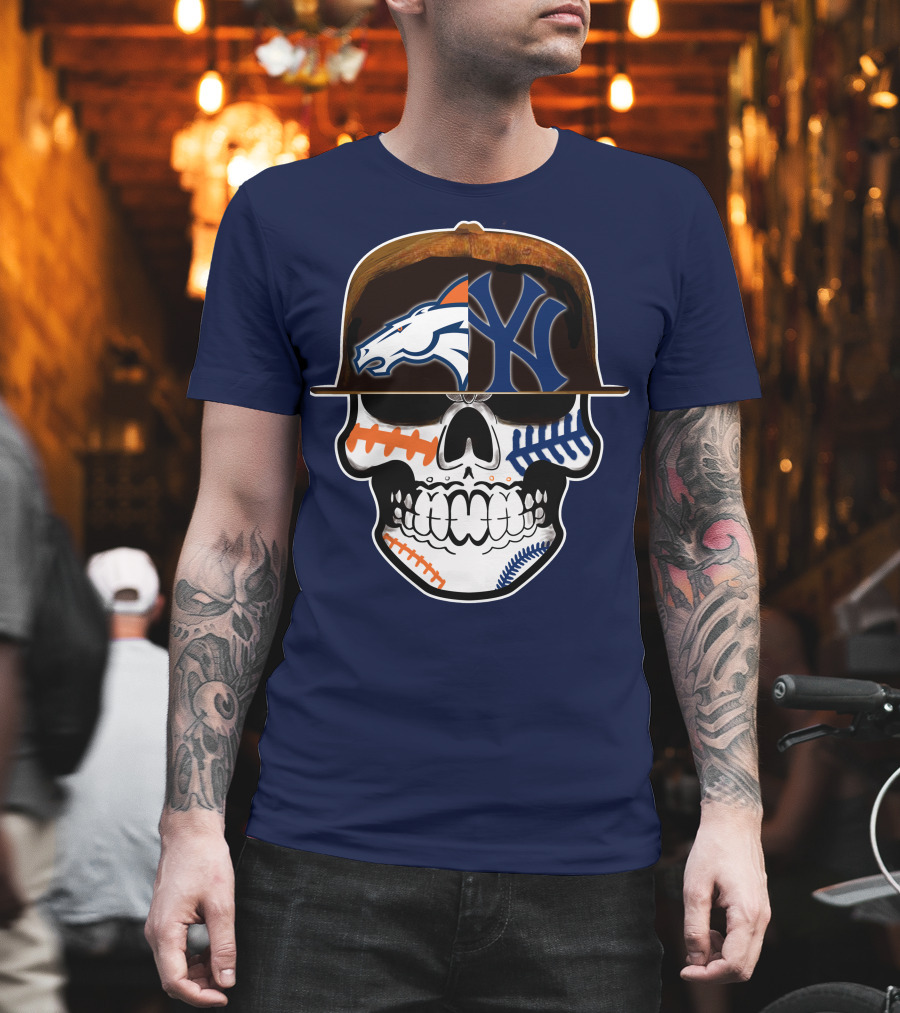 Denver Broncos New York Yankees Skull Sports Fusion T-Shirt