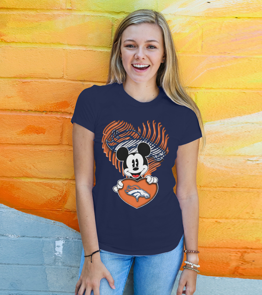 Mickey Mouse Holding Denver Broncos Logo Heart With Bronco Horse Outline T-Shirt