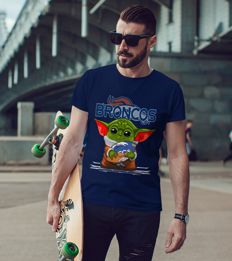 Yoda Holding Denver Broncos Logo With Baby Alien In Orange Robe T-Shirt
