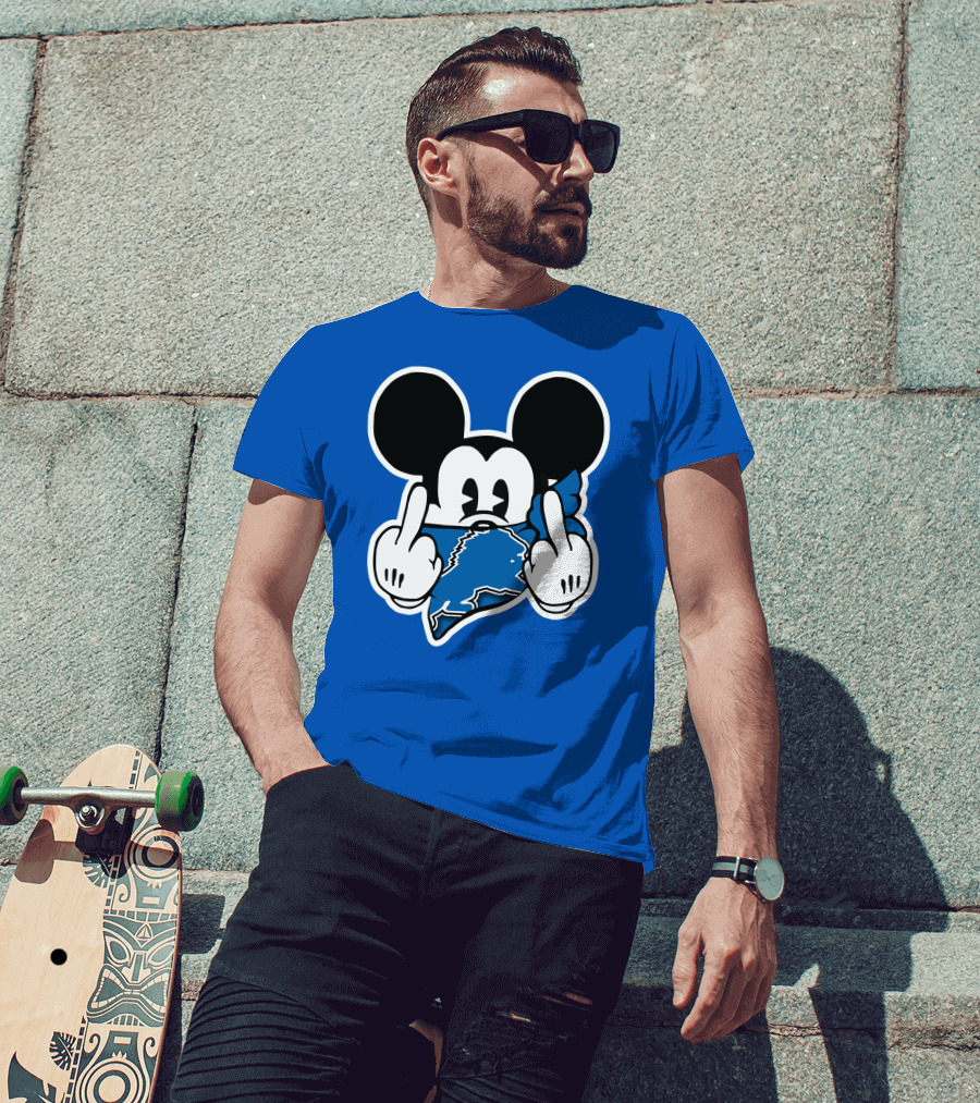 Detroit Lions 53 Mickey Mouse Gesture Blue Bandana T-Shirt