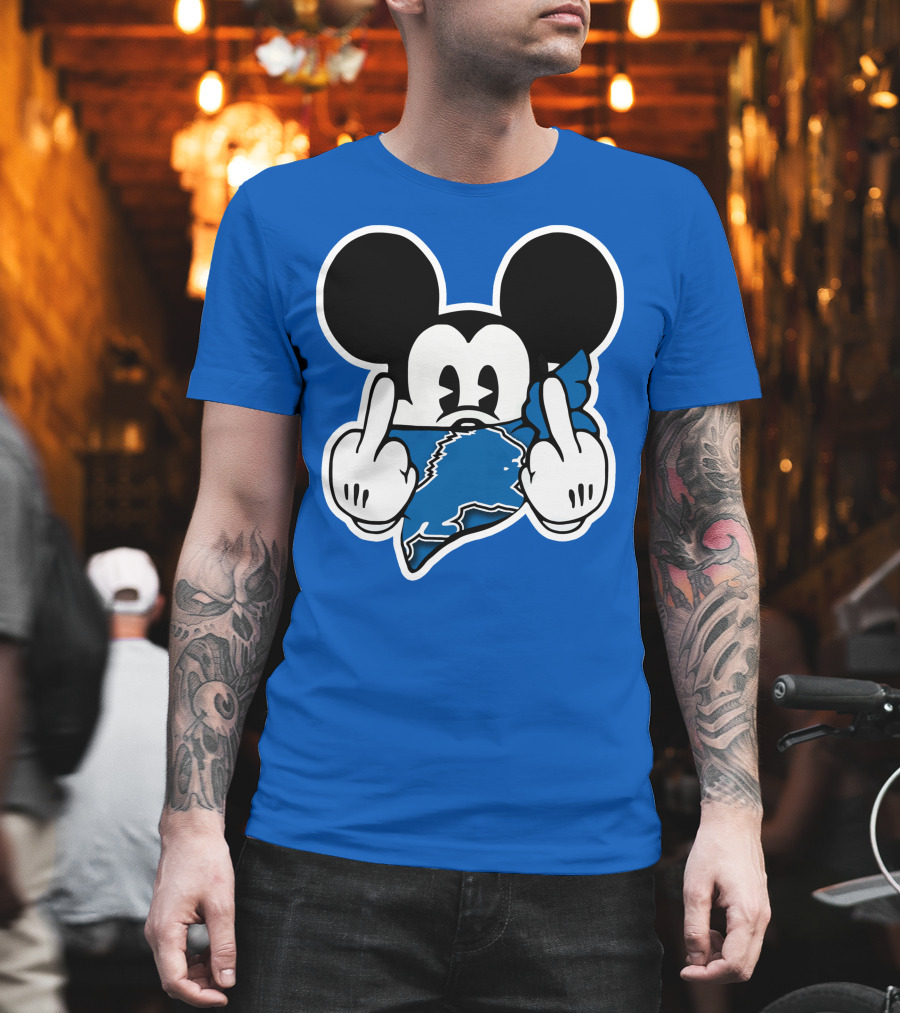 Detroit Lions 53 Mickey Mouse Gesture Blue Bandana T-Shirt