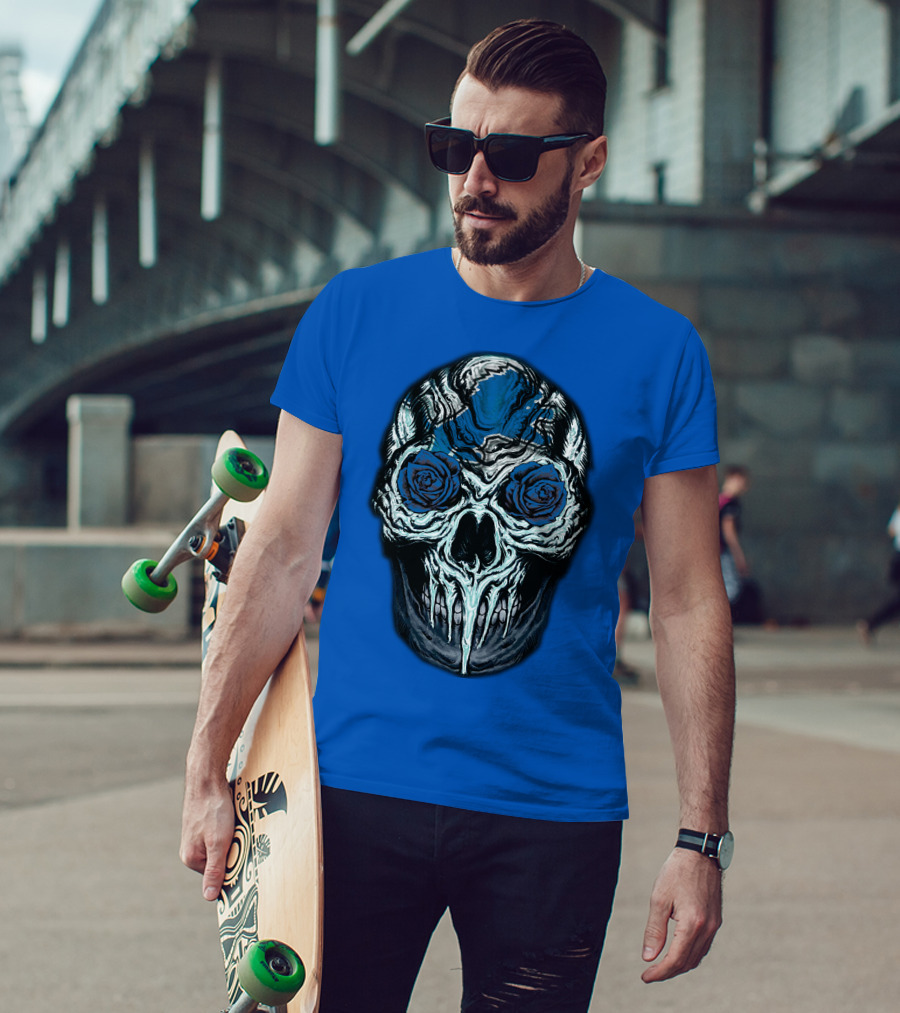 Detroit Lions 57 Skull Blue Roses T-Shirt