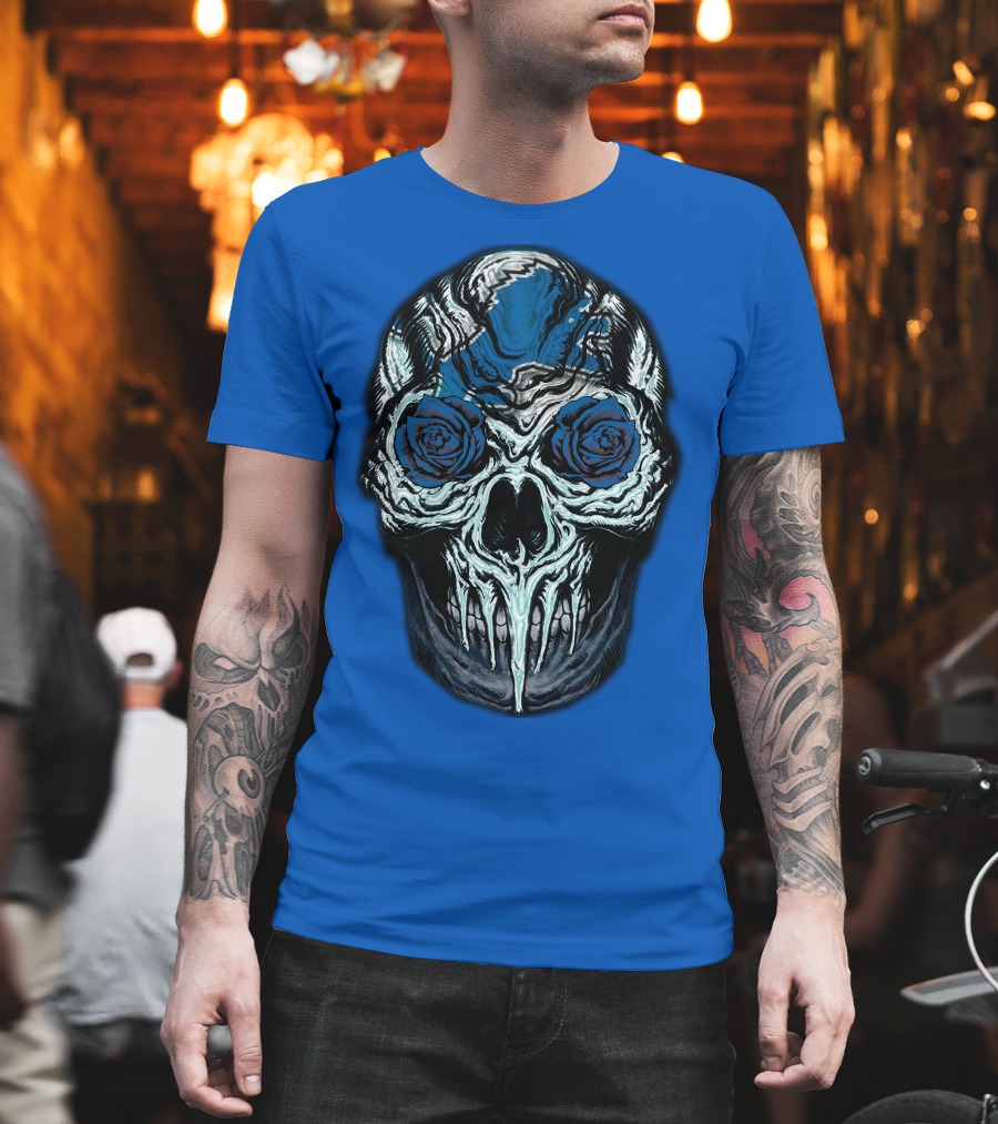 Detroit Lions 57 Skull Blue Roses T-Shirt
