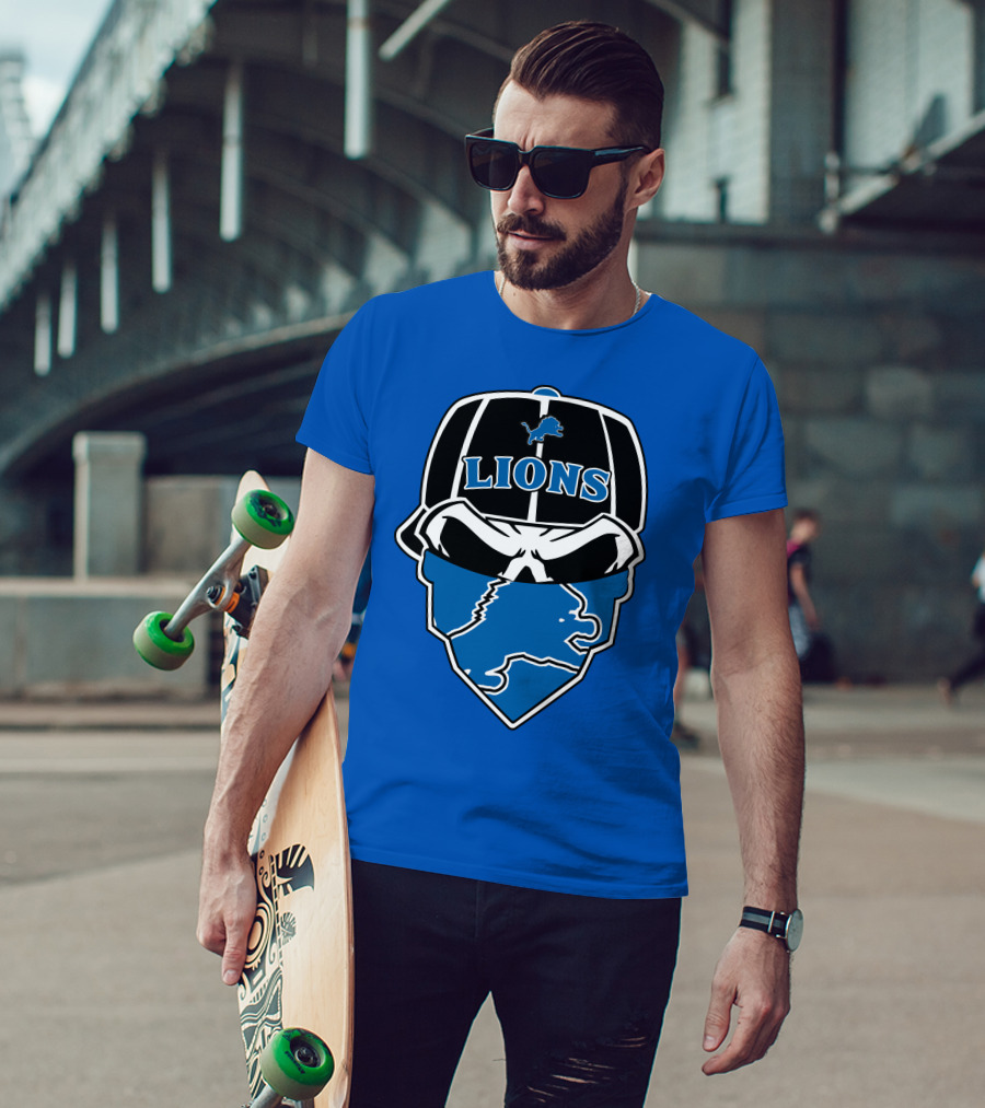 Detroit Lions Skull Bandana Cap Logo Blueprint T-Shirt