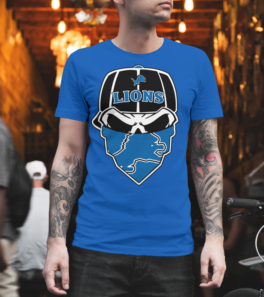 Detroit Lions Skull Bandana Cap Logo Blueprint T-Shirt