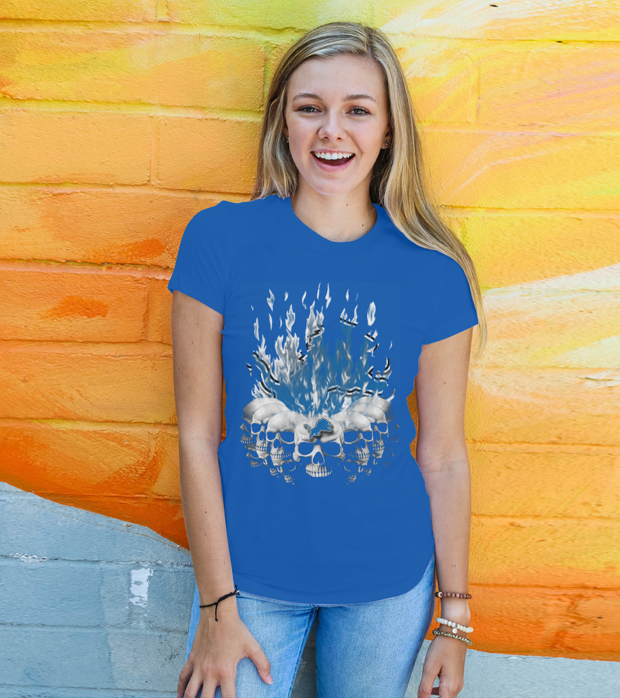 Detroit Lions 16 Flaming Skulls T-Shirt