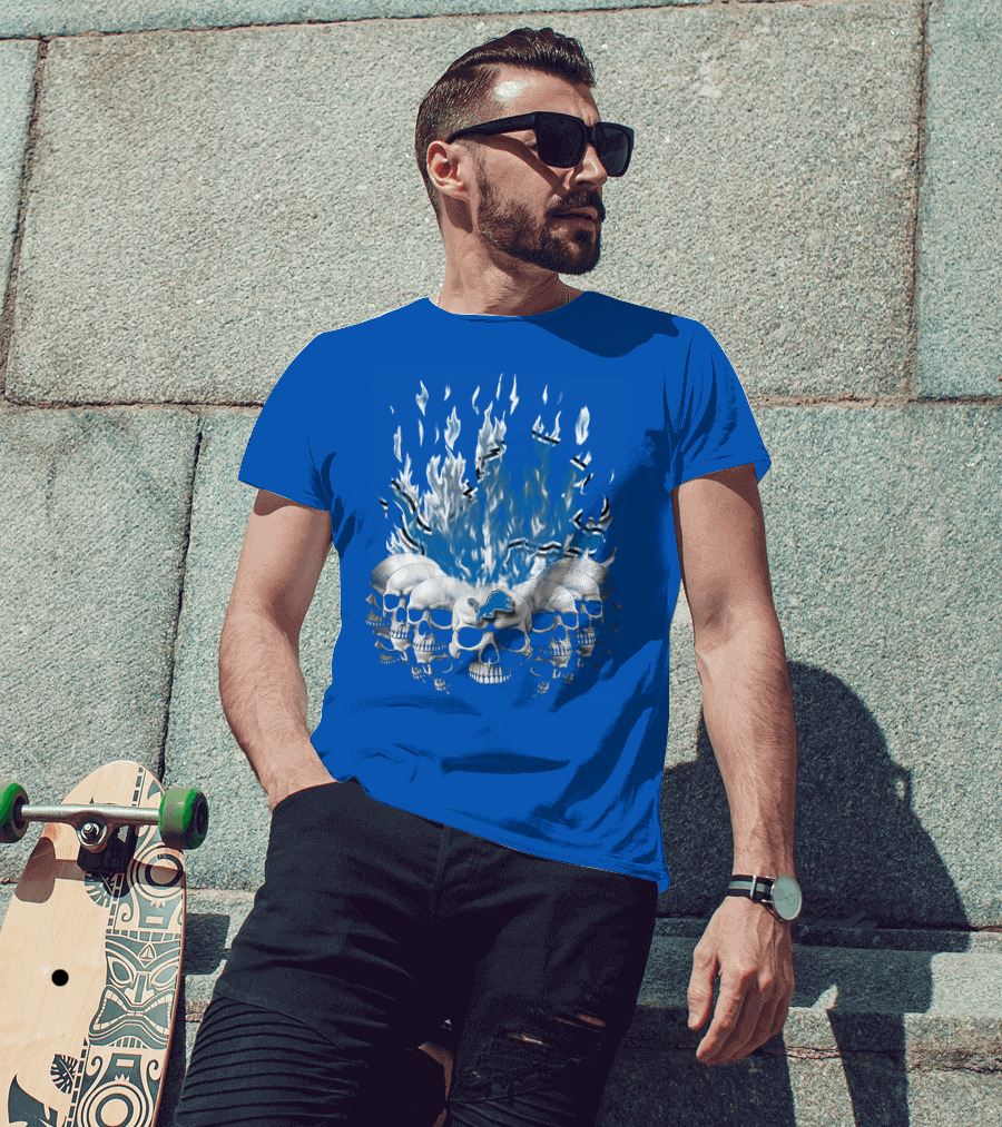 Detroit Lions 16 Flaming Skulls T-Shirt
