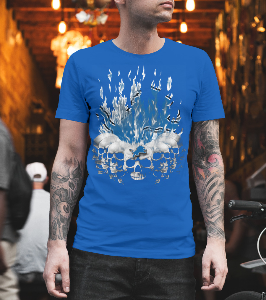 Detroit Lions 16 Flaming Skulls T-Shirt