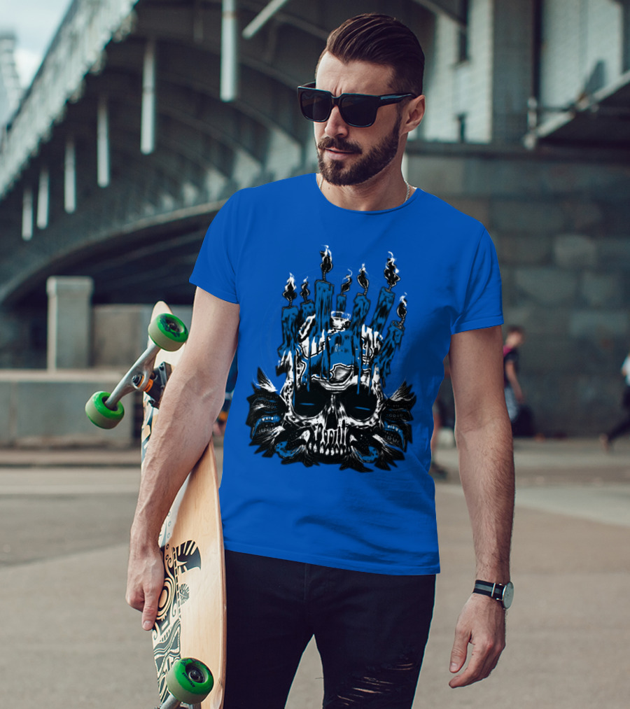 Detroit Lions Skull With Blue Flames And Candles T-Shirt