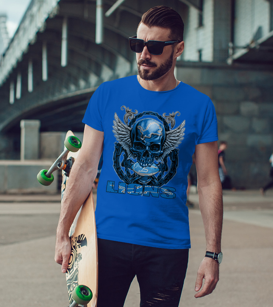 Winged Skull Detroit Lions Emblem Blue Silver Chains T-Shirt