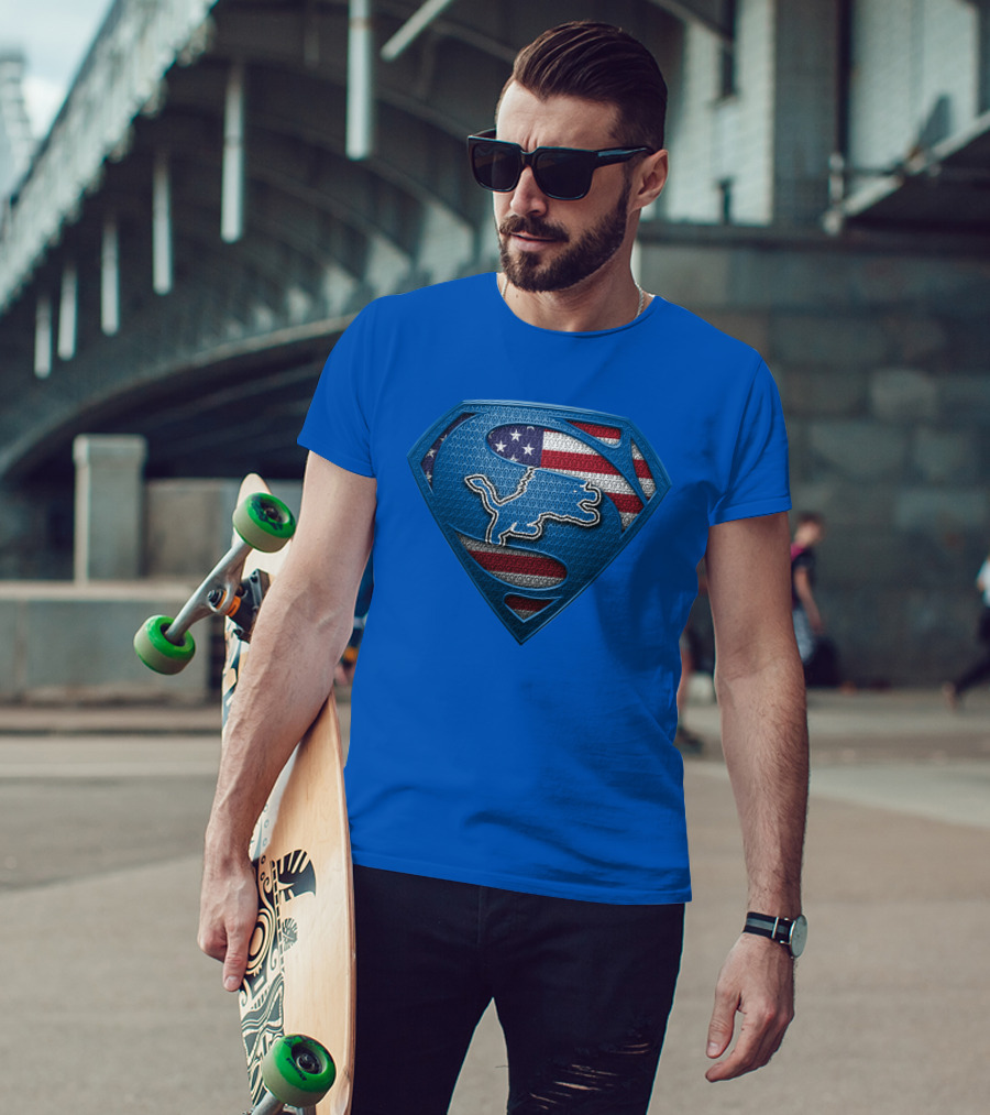 Spm Detroit Lions Superman Shield American Flag T-Shirt