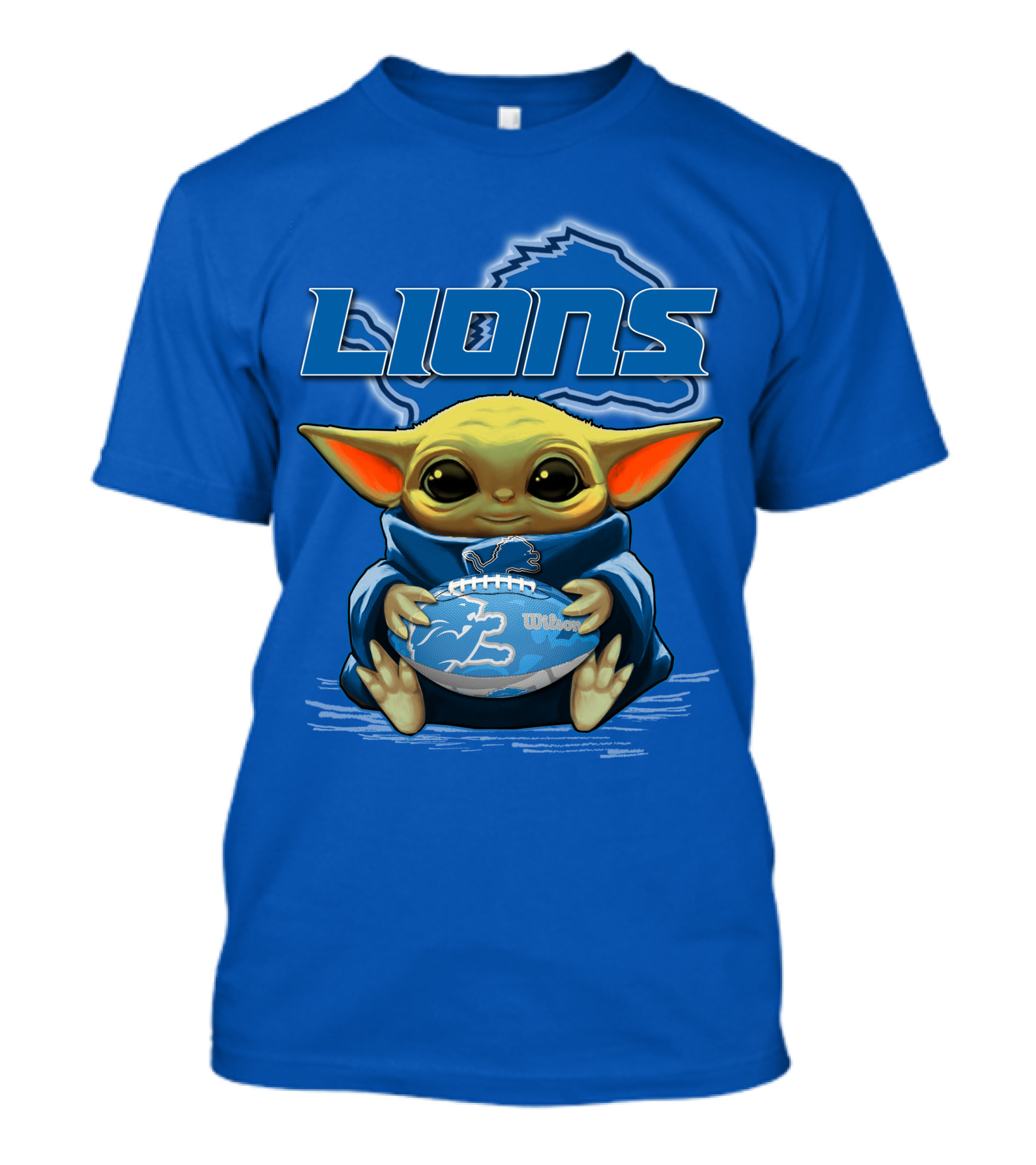 Lions Baby Yoda Holding Detroit Football Wilson Logo Fan Favorite T-Shirt