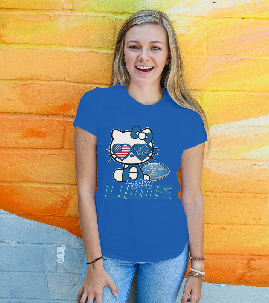 Hello Kitty Usa Detroit Lions Football Heart Glasses T-Shirt
