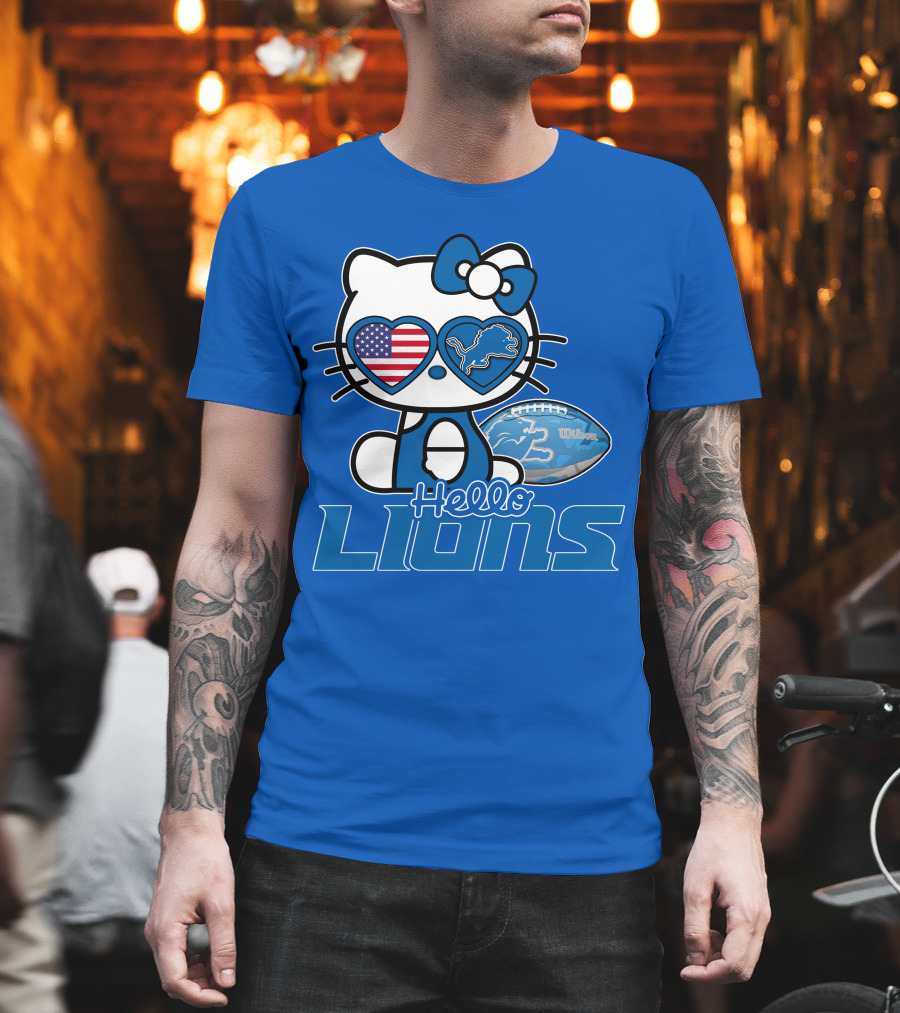 Hello Kitty Usa Detroit Lions Football Heart Glasses T-Shirt