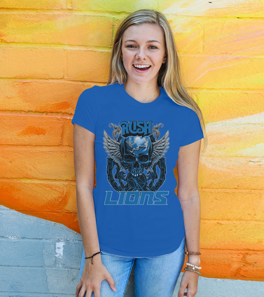 Rush Detroit Lions Skull With Wings And Chains T-Shirt