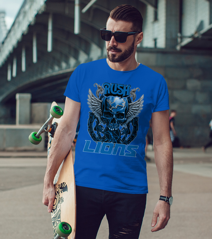 Rush Detroit Lions Skull With Wings And Chains T-Shirt