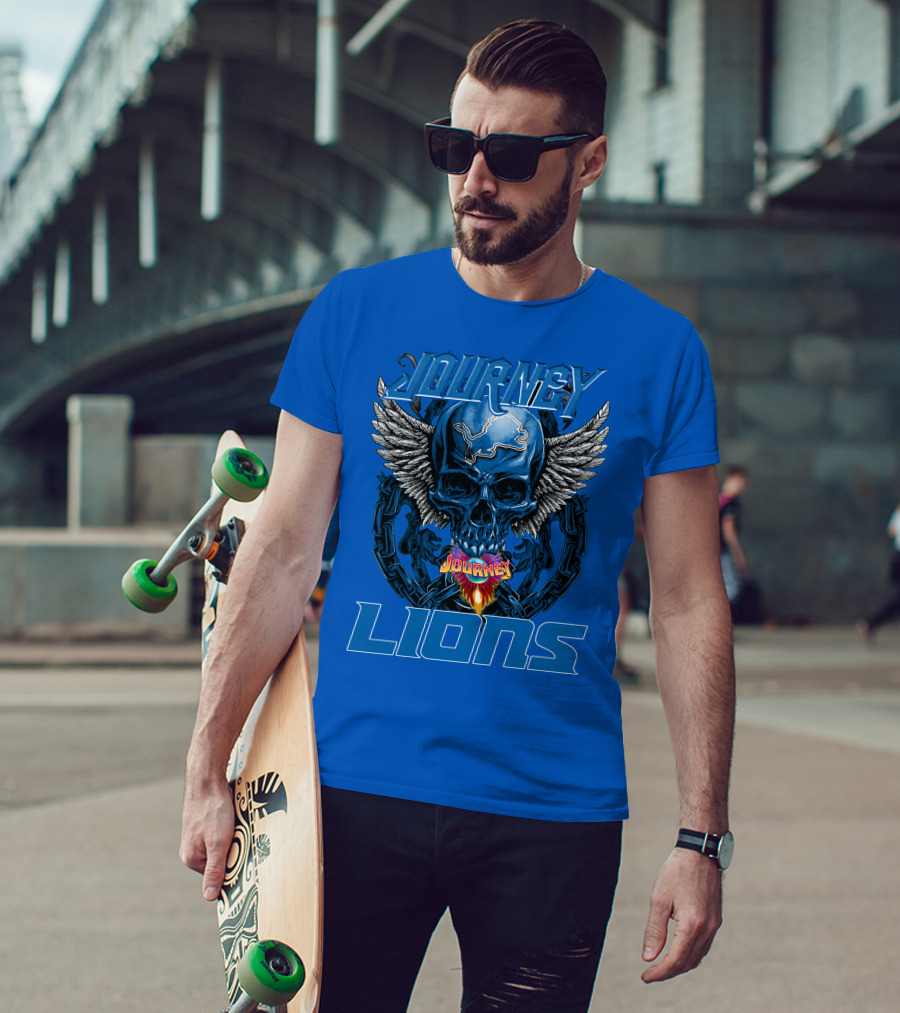 Journey Detroit Lions Skull Wings Flame Chain T-Shirt