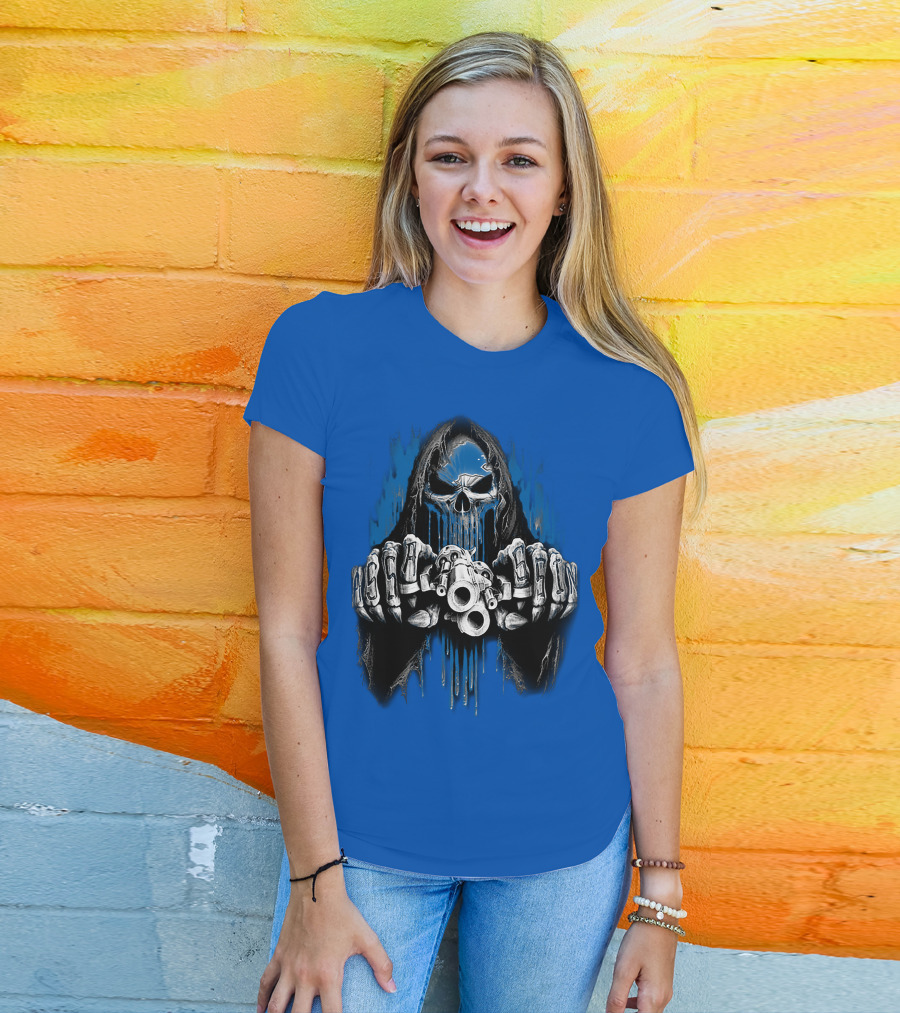 Detroit Lions 67 Grim Reaper Skeleton Guns T-Shirt