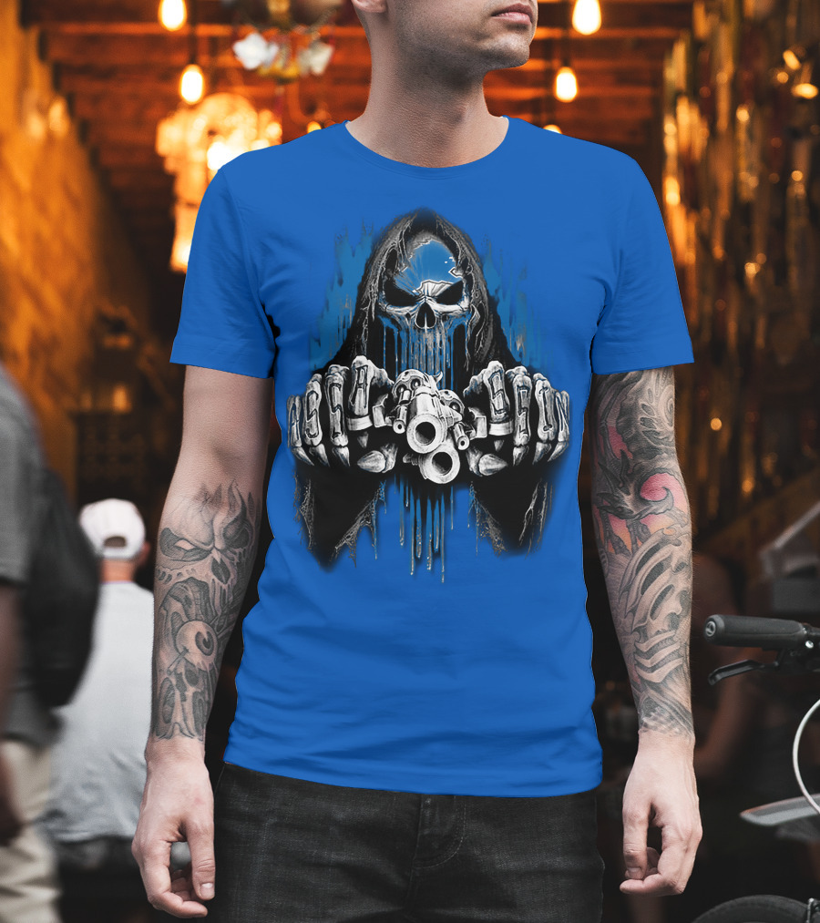 Detroit Lions 67 Grim Reaper Skeleton Guns T-Shirt