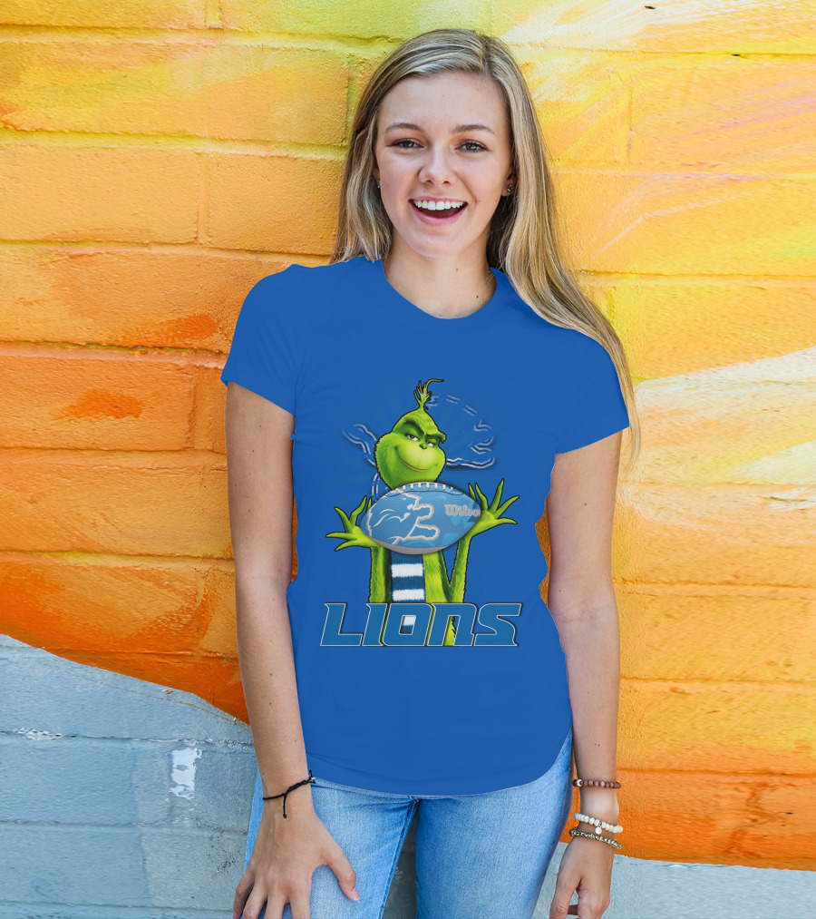 Grinch Holding Detroit Lions Football Blue T-Shirt