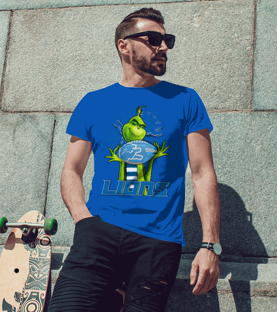 Grinch Holding Detroit Lions Football Blue T-Shirt