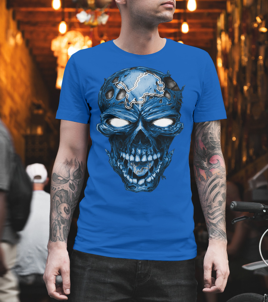 Skull Detroit Lions Distressed Blue Grunge T-Shirt