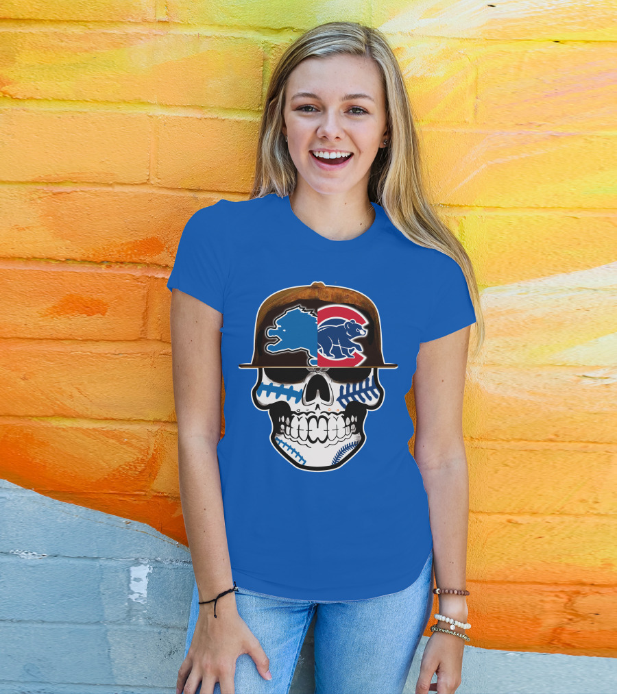 Detroit Lions Chicago Cubs Mashup Skull T-Shirt