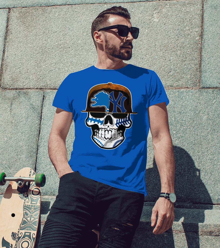 Detroit Lions Yankees Skull Blue Baseball Hat 74 T-Shirt