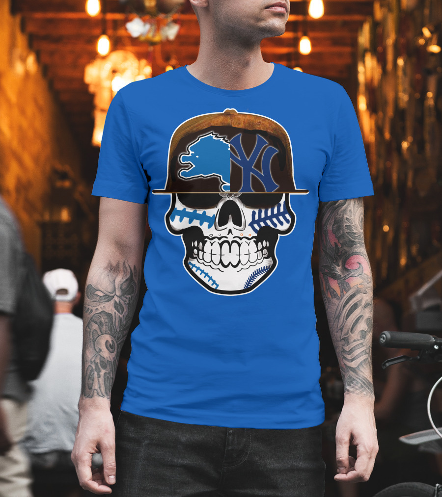 Detroit Lions Yankees Skull Blue Baseball Hat 74 T-Shirt